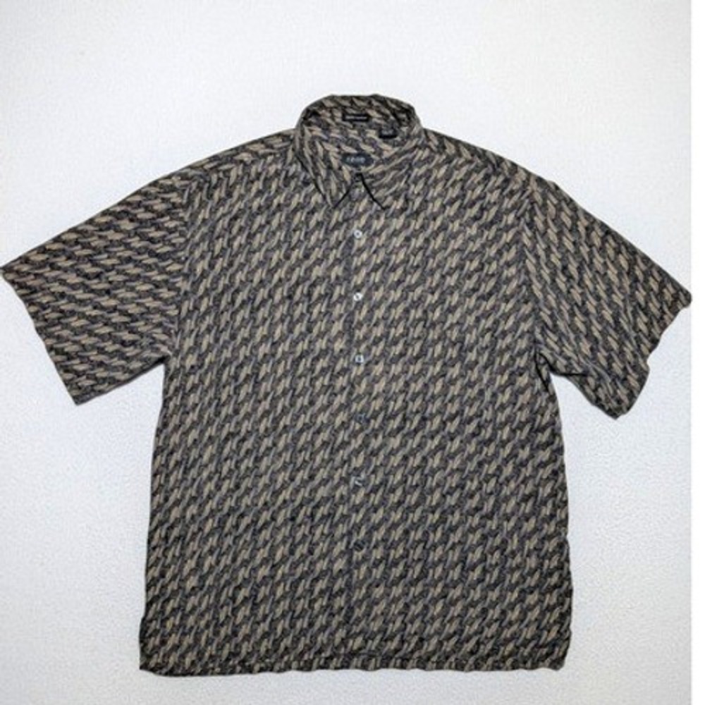 IZOD 100% Silk Shirt Mens Large Brown Pattern Short Sleeve Button Up